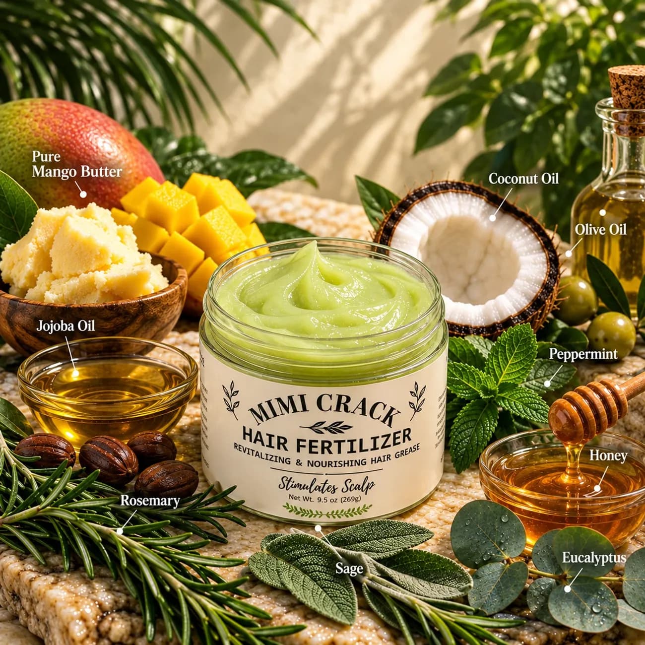 The jar surrounded by what's in it: mango butter, jojoba, coconut, olive, rosemary, peppermint, honey, sage and eucalyptus